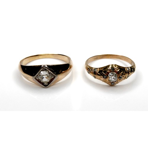 259 - Two gold and diamond rings, one set with a round cut diamond, 4.5 by 2.1mm, size O/P, 4.6g, the othe... 