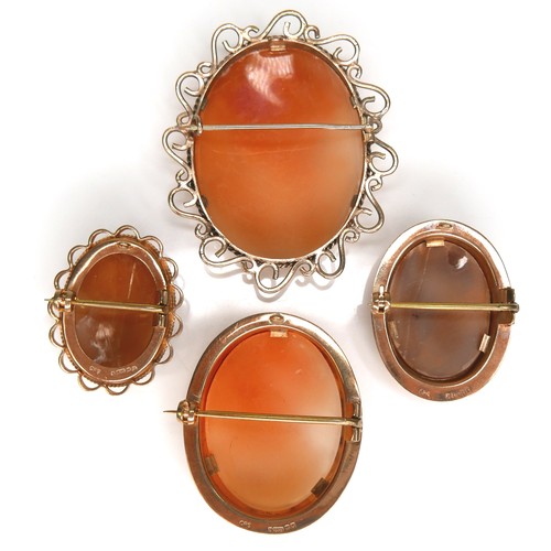 267 - A group of four 9ct yellow gold cameo brooches, each carved with a female in profile, largest 50.5 b... 