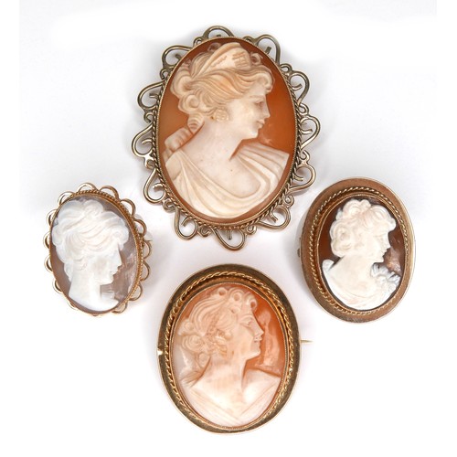 267 - A group of four 9ct yellow gold cameo brooches, each carved with a female in profile, largest 50.5 b... 