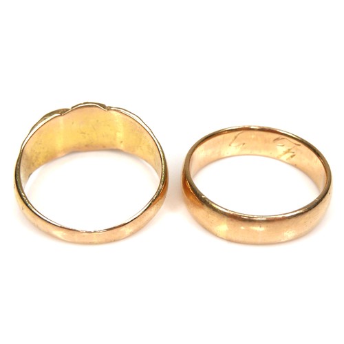 280 - Two 18ct yellow gold rings, one a plain wedding band, unmarked but testing as 18ct gold, 5.1mm wide,... 