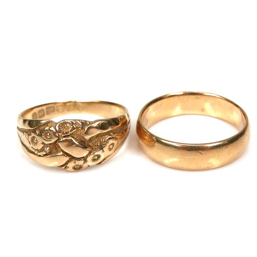 280 - Two 18ct yellow gold rings, one a plain wedding band, unmarked but testing as 18ct gold, 5.1mm wide,... 