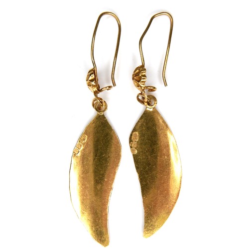 217 - A pair of Lebanese 21ct yellow gold earrings, of leaf form, hanging from a loop, each leaf 11 by 32m... 