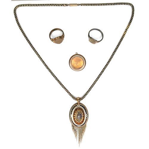 285 - A small group of jewellery, comprising a Victorian yellow metal oval pendant necklace, with blue and... 