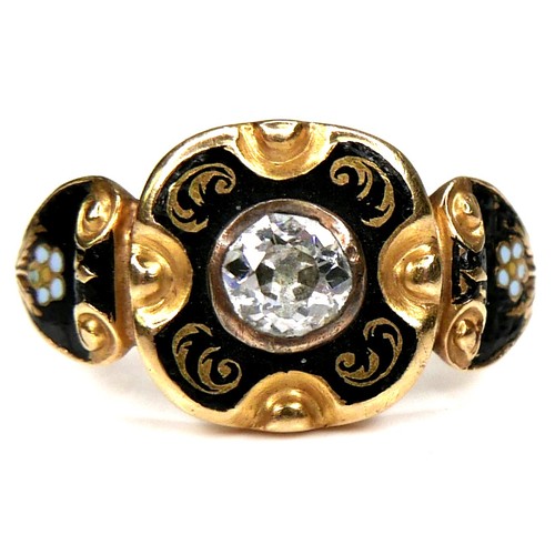 289 - An early Victorian 18ct yellow gold mourning ring, set centrally with a round brilliant cut diamond,... 