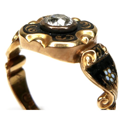 289 - An early Victorian 18ct yellow gold mourning ring, set centrally with a round brilliant cut diamond,... 