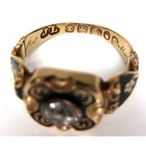 289 - An early Victorian 18ct yellow gold mourning ring, set centrally with a round brilliant cut diamond,... 