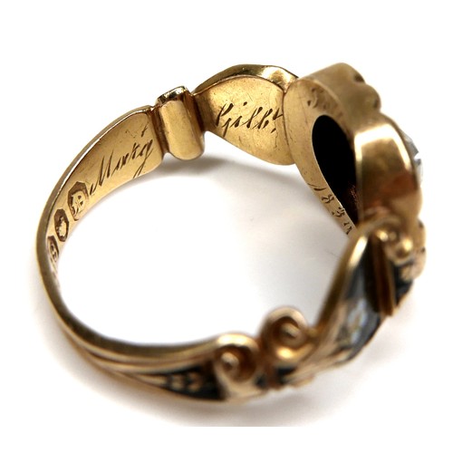 289 - An early Victorian 18ct yellow gold mourning ring, set centrally with a round brilliant cut diamond,... 