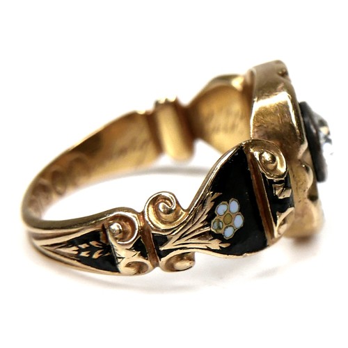 289 - An early Victorian 18ct yellow gold mourning ring, set centrally with a round brilliant cut diamond,... 