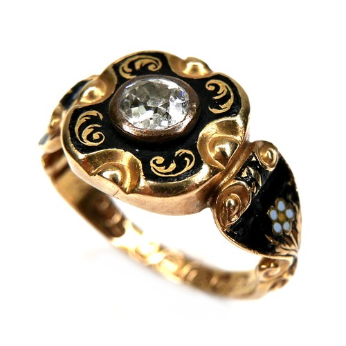 289 - An early Victorian 18ct yellow gold mourning ring, set centrally with a round brilliant cut diamond,... 