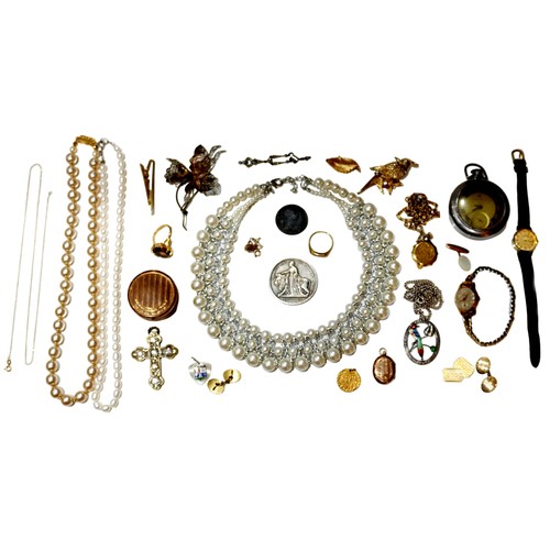 152 - A small group of costume jewellery, coins, and watches, including a reproduction 1839 white metal 5 ... 