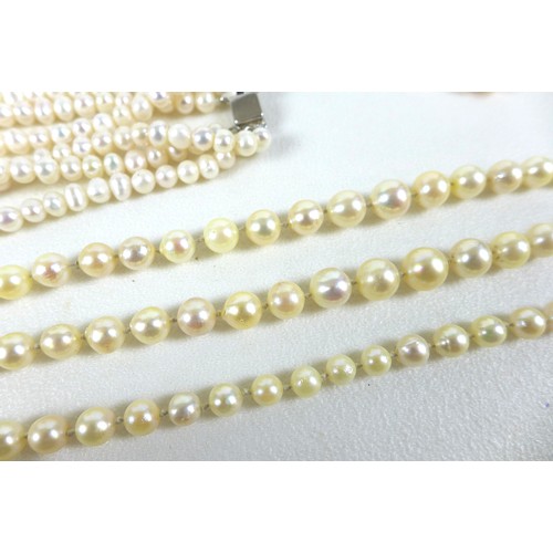 157 - A group of pearl necklaces, including a three strand cultured pearl necklace with silver clasp, a sh... 