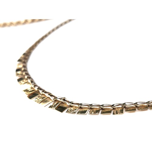 186 - Two 9ct gold necklaces, comprising a contemporary design necklace with flat platelet detail, 39cm lo... 