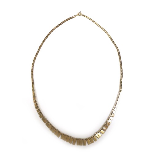 165 - A yellow metal Cleopatra style necklace, with graduated rectangular panels, bearing an indistinct ma... 