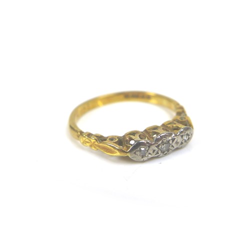 221 - A group of jewellery, comprising an 18ct gold three stone diamond ring, with illusion set stones, ce... 