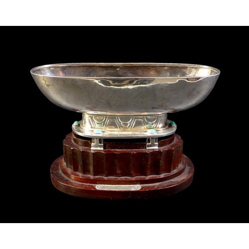 57 - An Edward VIII Art Deco silver rose bowl, of oval form with geometric relief pattern and six turquoi... 