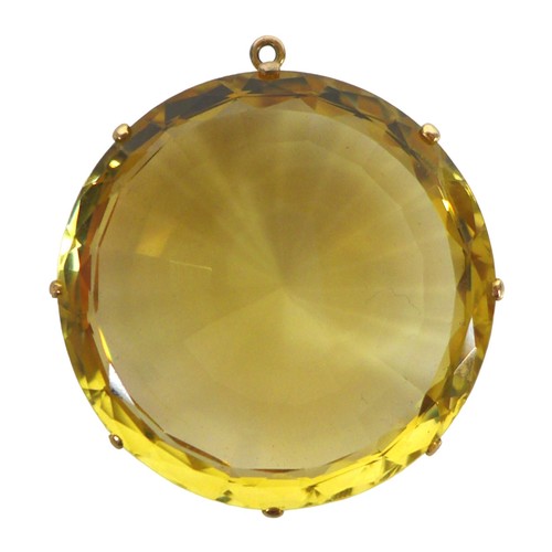 166 - A yellow metal pendant, with a round faceted citrine, in a double bale eight claw setting, 12 by 36m... 