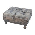 An 19th century oak lidded case, with naive carved decoration, cast metal fittings and raised upon f... 