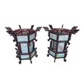 A pair of very large Chinese hexagonal carved hardwood lanterns, with painted glass panels, 102.5 by... 