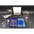 A small group of silver and silver plated items, including a cased set of six silver handled butter ... 