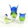 A group of coloured Art Glass ornaments, clear, blue and green glass, circa 1960s, Joseph Hospodka, ... 