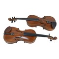 Two 19th century continental violins, one bearing an indistinct label 'Anno 1743 ..Cremona', main bo... 