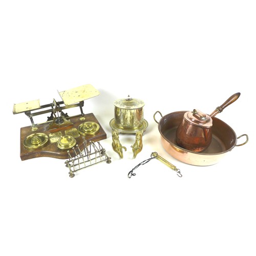 85 - A collection of copper and brass items, including a large set of postal scales with brass weights, o... 