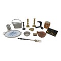 A group of silver plated and other metal wares, including a cobbler's last, a silver plated wine coa... 