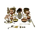 A large collection of brass and other metal wares, including two log bins, fire irons and copper ket... 