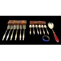 A group of 20th century silver and enamel flatware, comprising a set of six cake forks, a set of six... 