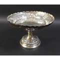 A Victorian silver pedestal bowl, the shallow bowl embossed with fruit and foliate detail, with scal... 