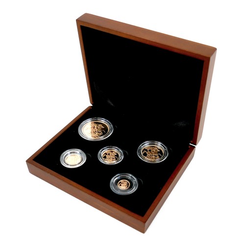 An Elizabeth II gold proof five-coin set, 'The 2013 Sovereign Collection Five-Coin Set', comprising £5 coin, double sovereign, sovereign, half sovereign and quarter sovereign, limited edition 155/1000, Royal Mint Issue, with certificate of authenticity and booklet, in original wooden presentation box and black outer cardboard box.