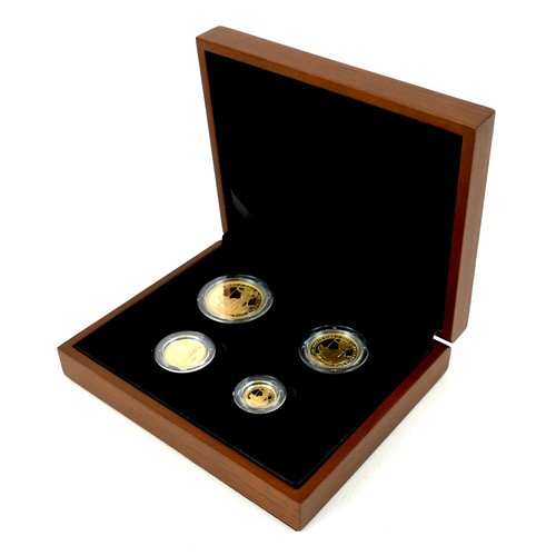 An Elizabeth II gold proof four-coin set, 'The 2012 UK Britannia Four-Coin Gold Proof Set', 25th anniversary issue, comprising £100 coin, £50 coin, £25 coin, and £10 coin, limited edition 168/550, Royal Mint Issue, with certificate of authenticity, in original wooden presentation box and black outer cardboard box.