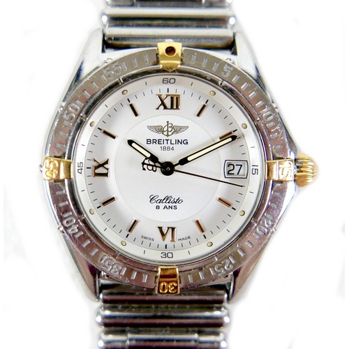A Breitling Callisto '8 Ans' stainless steel and yellow gold mid-sized wristwatch, ref. B64046, serial 3378, circular white dial with raised gold Roman and baton numerals, centre seconds, luminous index hands, date aperture at 3 o'clock, unidirectional bezel with four yellow gold markers, quartz movement, cal. 64, screw case back, on Breitling stainless steel bracelet strap with deployment clasp, case 34.5mm, 38mm across crown, 18mm inside lugs, 97.9g, purchased 24/03/1997, in a Breitling presentation box, with International Warranty booklet and Breitling wings pin badge.
Notes: not working, suspect flat battery and thus untested.