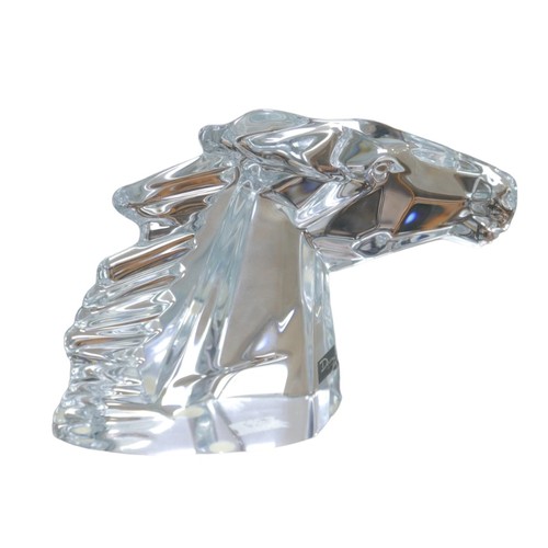 67 - A Daum crystal figurine of a horse head, signed and with Daum sticker to base of neck, 18 by 5 by 13... 