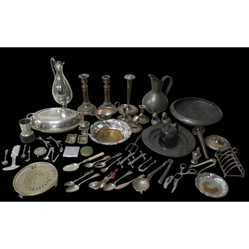 74 - A collection of silver plate and pewter, including a collapsible stirrup cup, and an 830 stamped dec... 