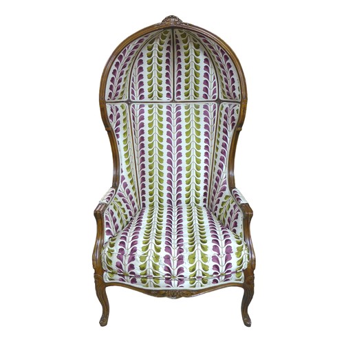 437 - A late 19th century French, Louis XV style, hall porters armchair, with high hooded back, floral car... 