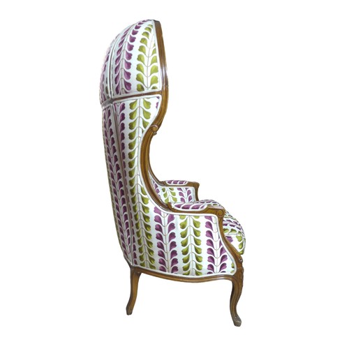 437 - A late 19th century French, Louis XV style, hall porters armchair, with high hooded back, floral car... 