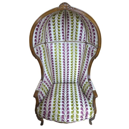 437 - A late 19th century French, Louis XV style, hall porters armchair, with high hooded back, floral car... 