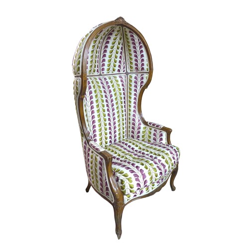 437 - A late 19th century French, Louis XV style, hall porters armchair, with high hooded back, floral car... 