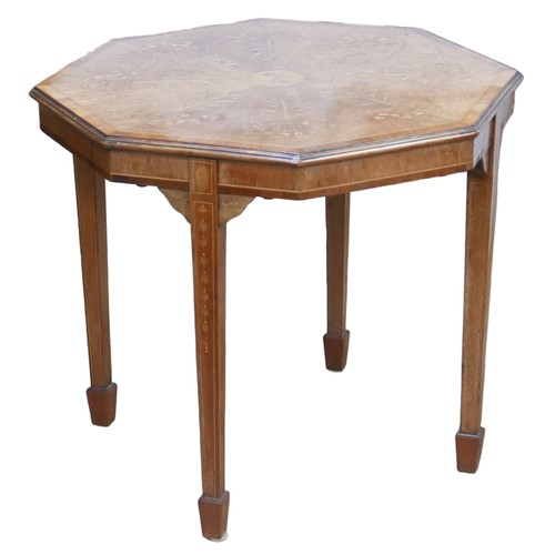 425 - A fine Edwardian inlaid mahogany side table, the octagonal surface inlaid with scrolling foliage and... 