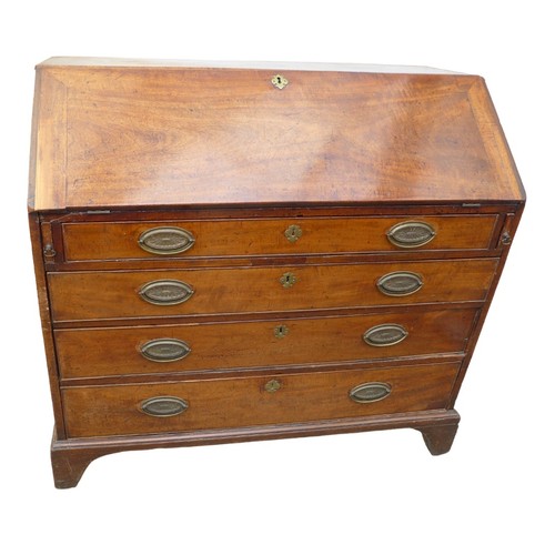 405 - A George III mahogany bureau, with fall front revealing fitted interior, over four long drawers, wit... 