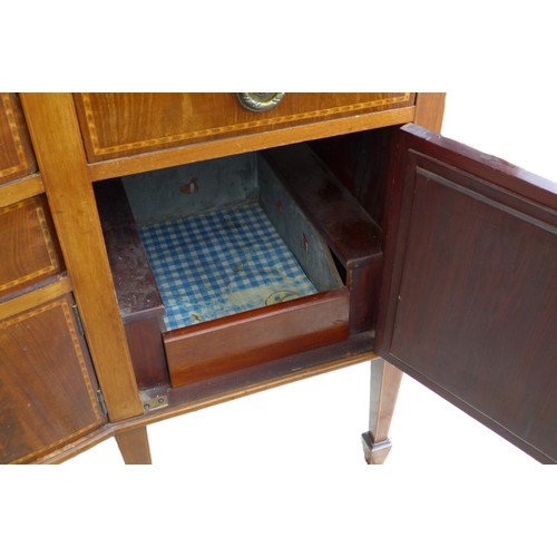 407 - An Edwardian mahogany sideboard, herringbone inlaid and crossbanded, with upstand, bowfront central ... 