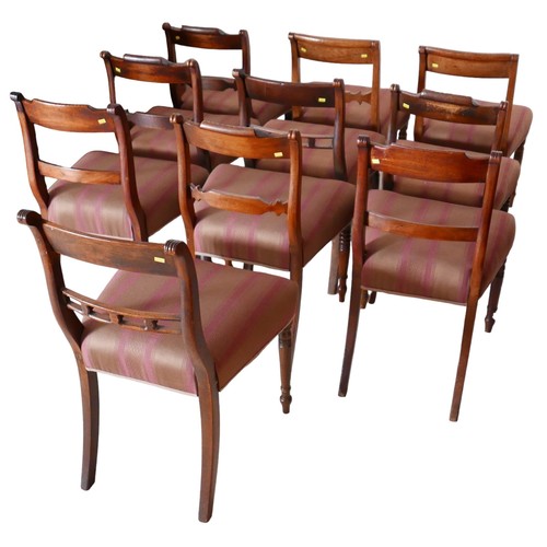 408 - A harlequin set of ten 19th century mahogany dining chairs, various designs, all upholstered claret ... 