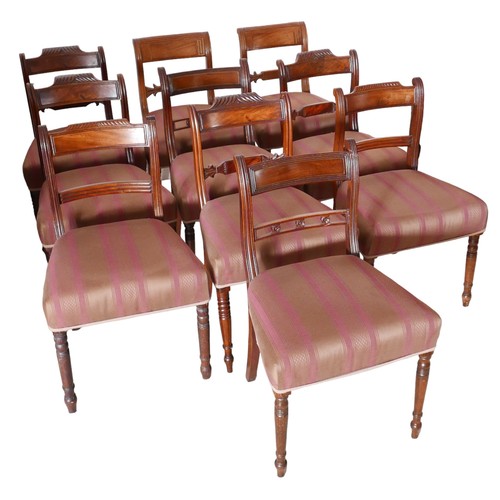 408 - A harlequin set of ten 19th century mahogany dining chairs, various designs, all upholstered claret ... 