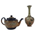 A Royal Doulton Slaters Patent stoneware teapot, decorated with a band of incised and enamelled flow... 