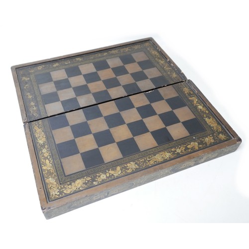 89 - A Chinese lacquer chess, backgammon game board box, 50 by 50 by 4.5fully open, 50 by 24.5 by 9cm hig... 