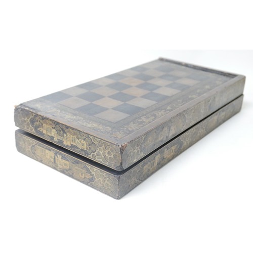 89 - A Chinese lacquer chess, backgammon game board box, 50 by 50 by 4.5fully open, 50 by 24.5 by 9cm hig... 