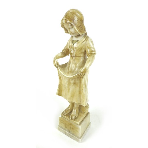 85 - An alabaster sculpture of a young European girl, wearing a bonnet and slightly lifting her skirts, i... 