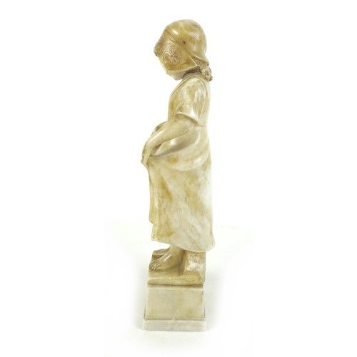 85 - An alabaster sculpture of a young European girl, wearing a bonnet and slightly lifting her skirts, i... 