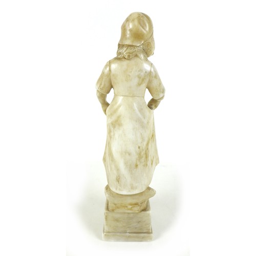 85 - An alabaster sculpture of a young European girl, wearing a bonnet and slightly lifting her skirts, i... 